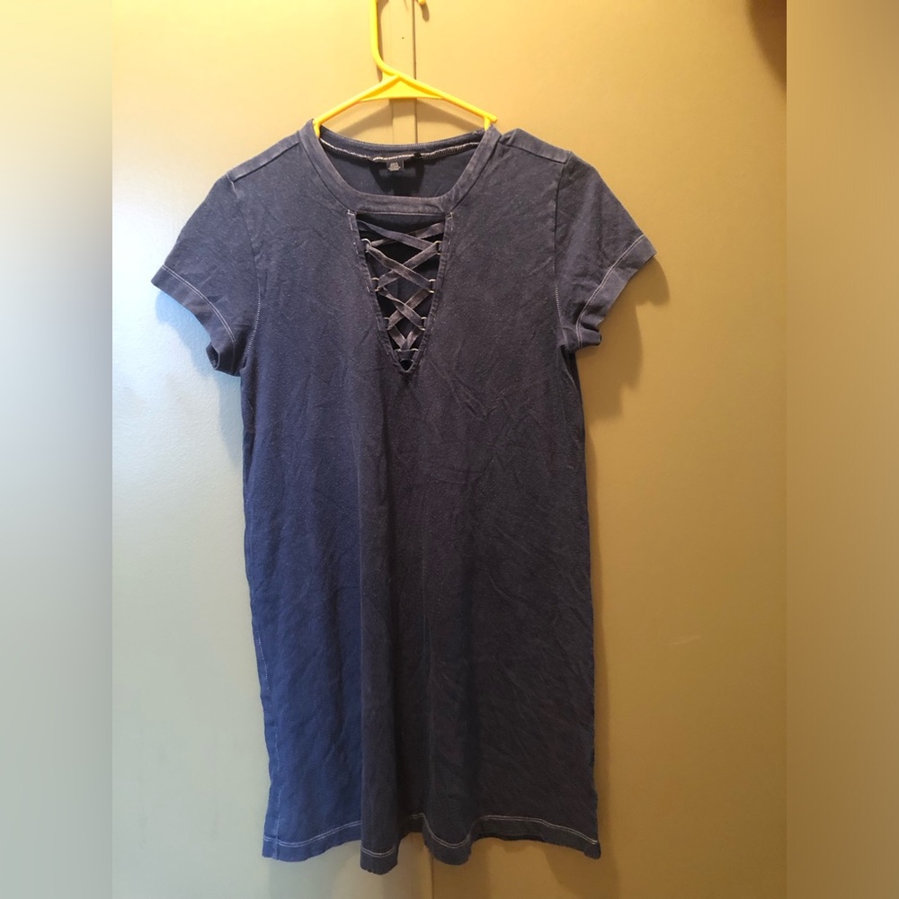 American Eagle Outfitters Navy Blue Lace-Up Short Sleeve Dress